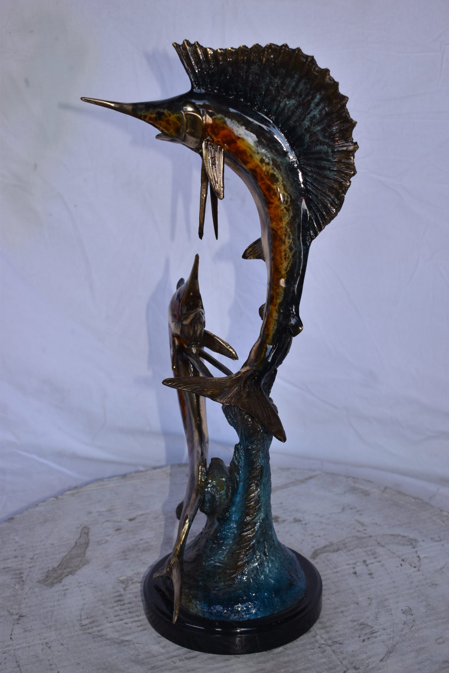 Two Swordfish Swimming in The Ocean Bronze Statue - Size: 11"L x 10"W x 22"H.