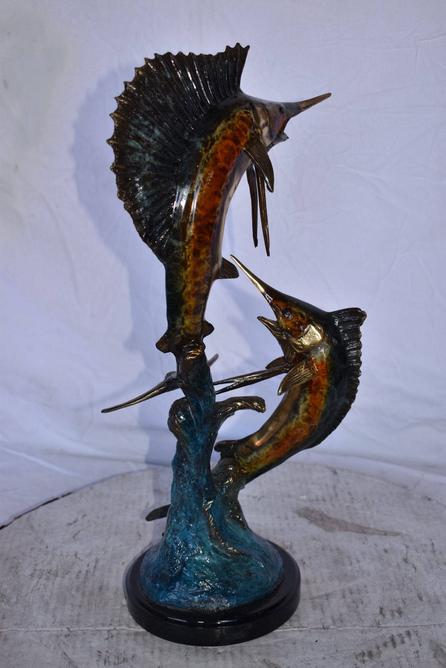 Two Swordfish Swimming in The Ocean Bronze Statue - Size: 11"L x 10"W x 22"H.