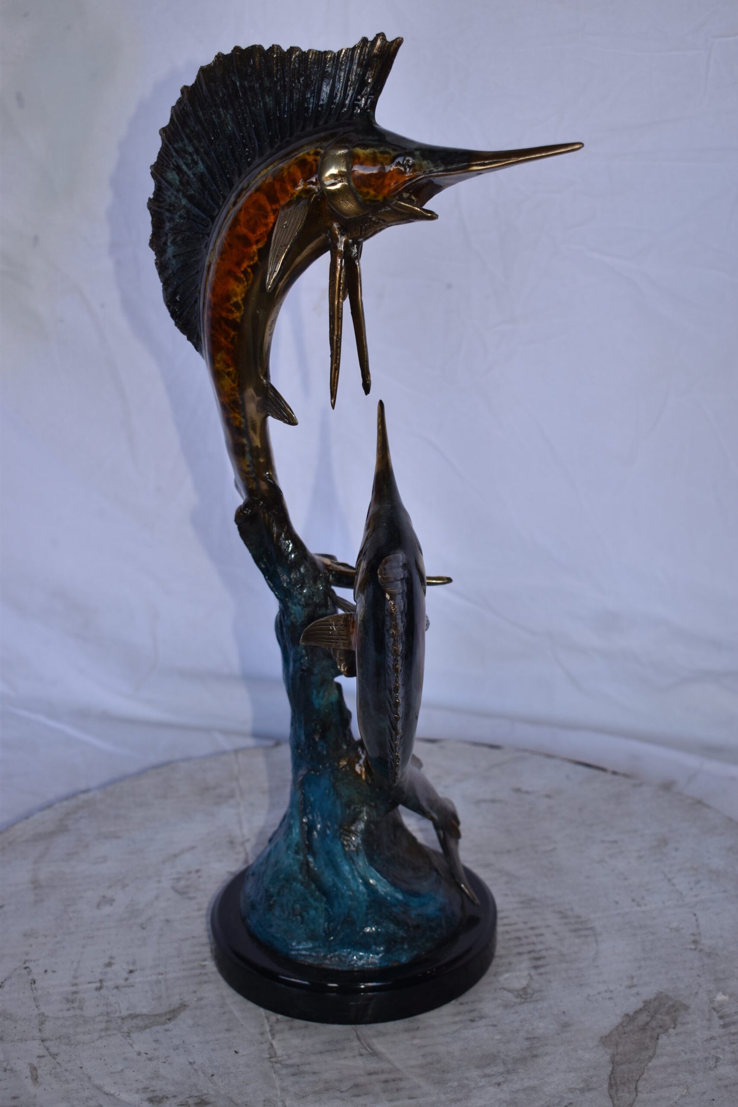 Two Swordfish Swimming in The Ocean Bronze Statue - Size: 11"L x 10"W x 22"H.