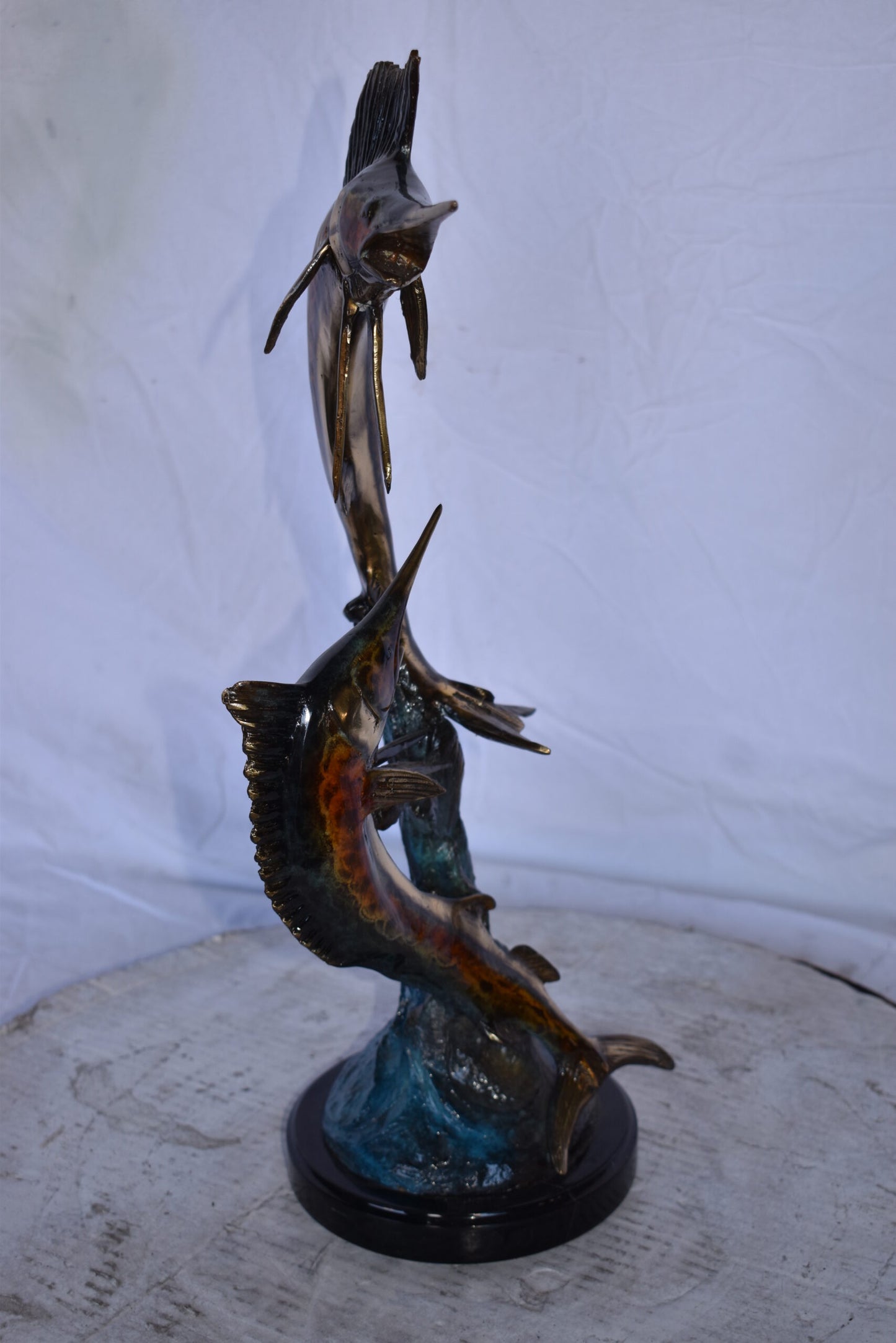 Two Swordfish Swimming in The Ocean Bronze Statue - Size: 11"L x 10"W x 22"H.