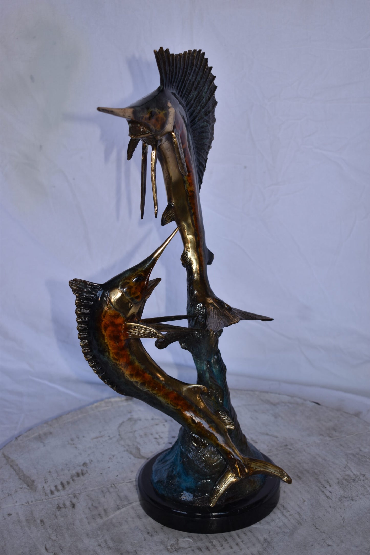 Two Swordfish Swimming in The Ocean Bronze Statue - Size: 11"L x 10"W x 22"H.