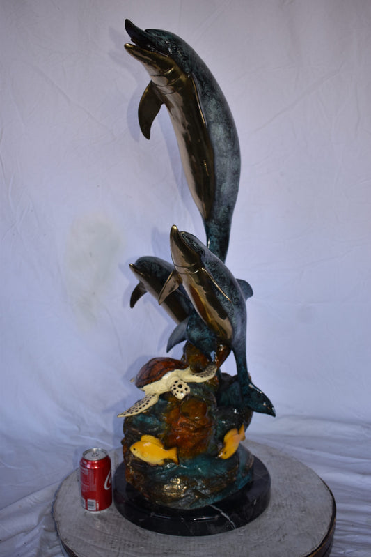 Three Dolphins Swim Next to A Sea Turtle Fountain Bronze Statue 17"x 15" x 38"H