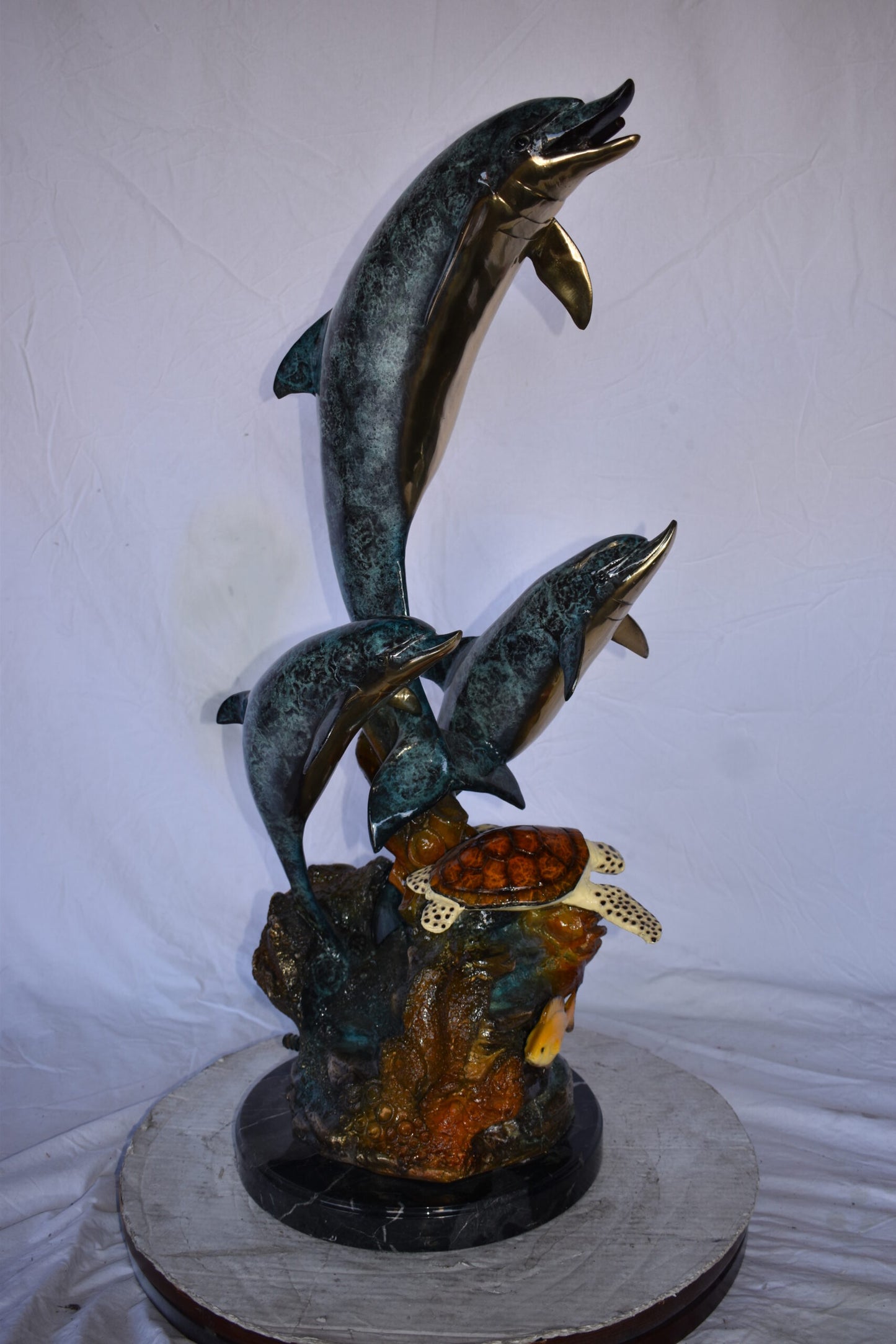 Three Dolphins Swim Next to A Sea Turtle Fountain Bronze Statue 17"x 15" x 38"H