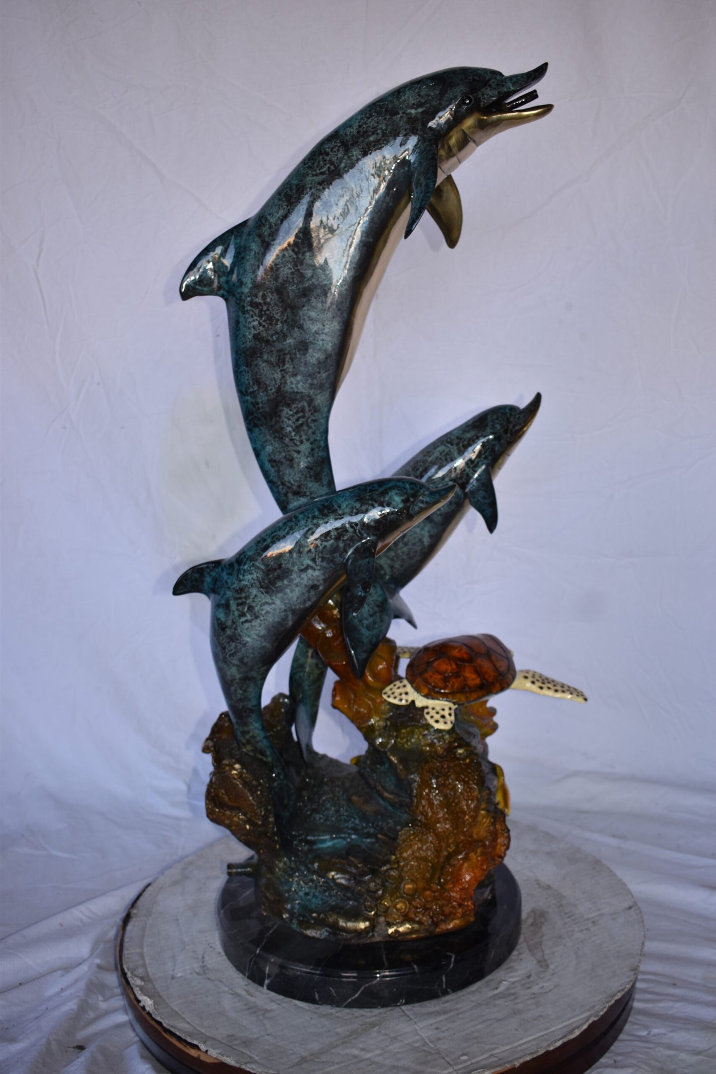 Three Dolphins Swim Next to A Sea Turtle Fountain Bronze Statue 17"x 15" x 38"H