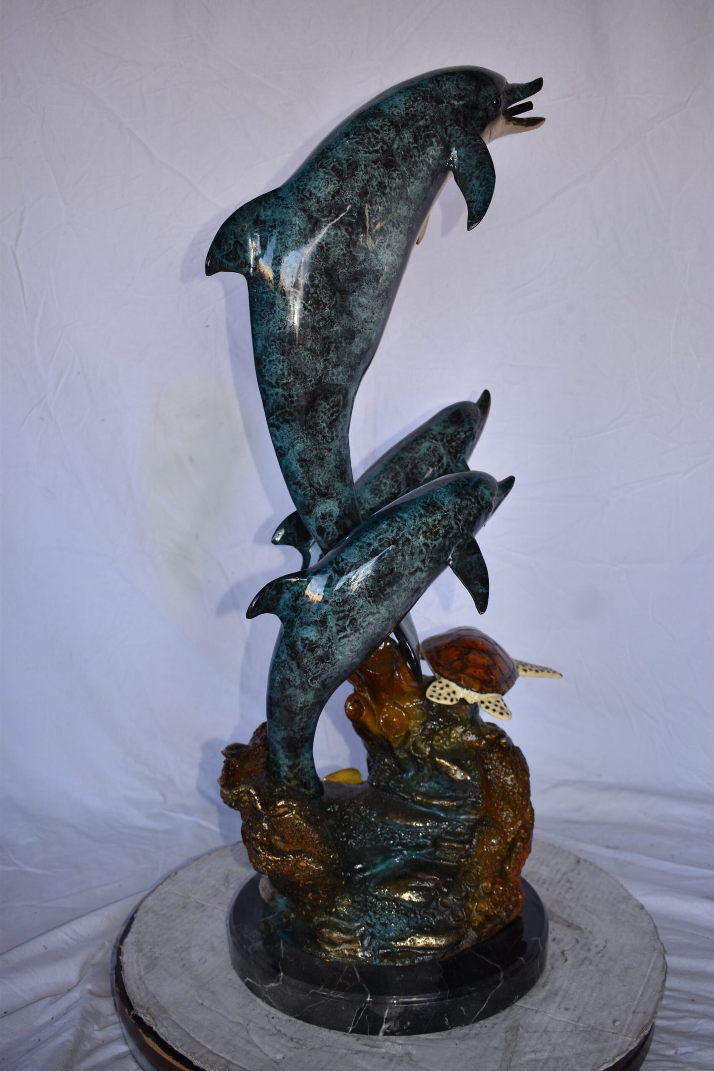 Three Dolphins Swim Next to A Sea Turtle Fountain Bronze Statue 17"x 15" x 38"H