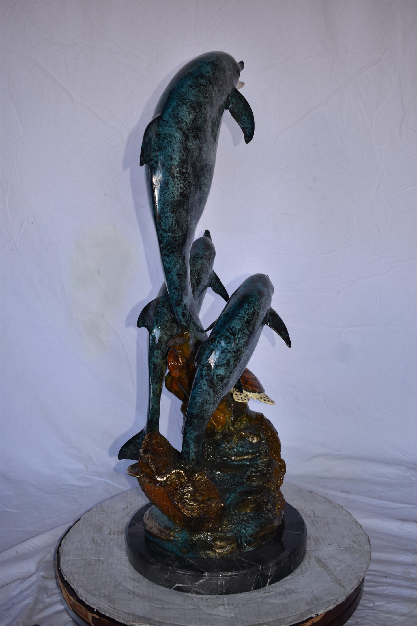 Three Dolphins Swim Next to A Sea Turtle Fountain Bronze Statue 17"x 15" x 38"H