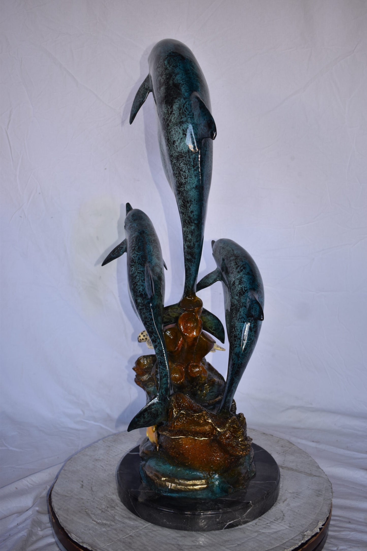 Three Dolphins Swim Next to A Sea Turtle Fountain Bronze Statue 17"x 15" x 38"H