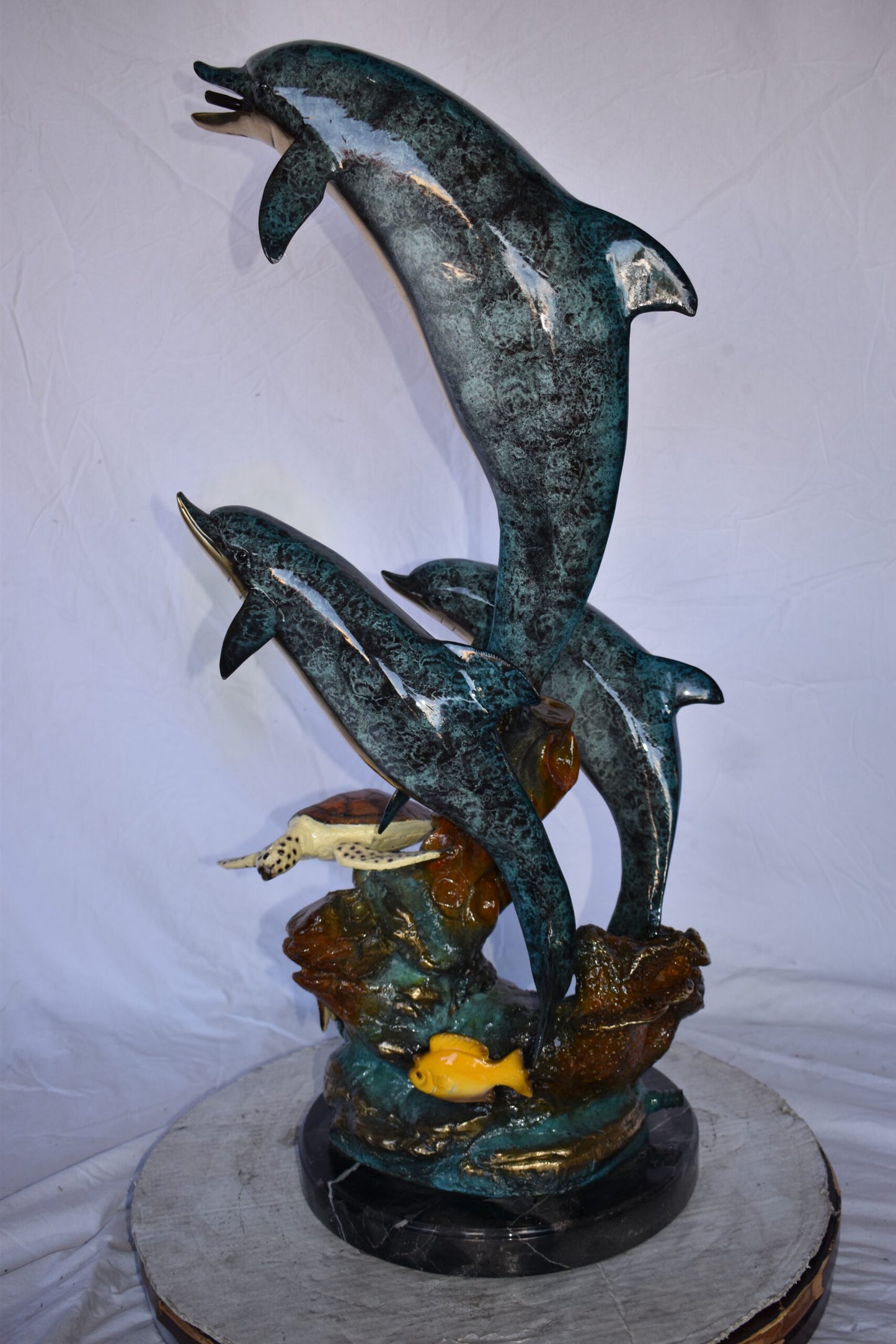 Three Dolphins Swim Next to A Sea Turtle Fountain Bronze Statue 17"x 15" x 38"H