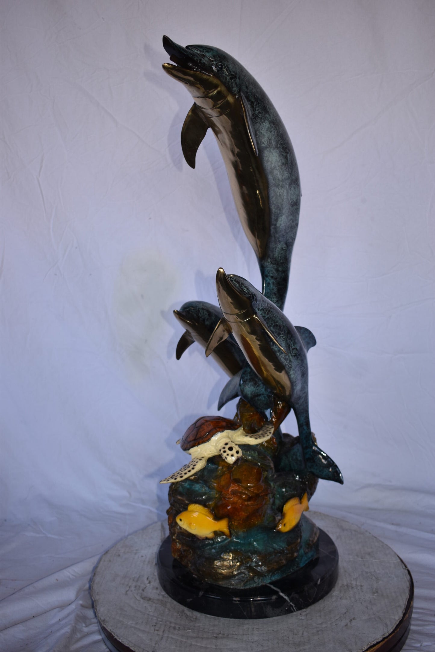 Three Dolphins Swim Next to A Sea Turtle Fountain Bronze Statue 17"x 15" x 38"H