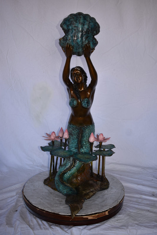 Mermaid Holding A Shell Upright Water Bronze Fountain Art Nude 19"x 26" x 40"H