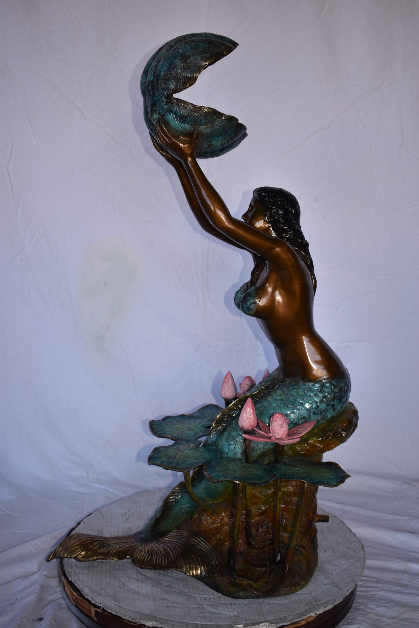 Mermaid Holding A Shell Upright Water Bronze Fountain Art Nude 19"x 26" x 40"H