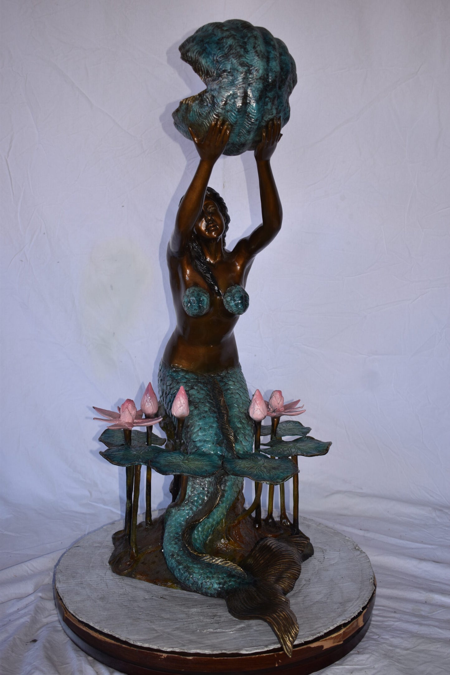 Mermaid Holding A Shell Upright Water Bronze Fountain Art Nude 19"x 26" x 40"H