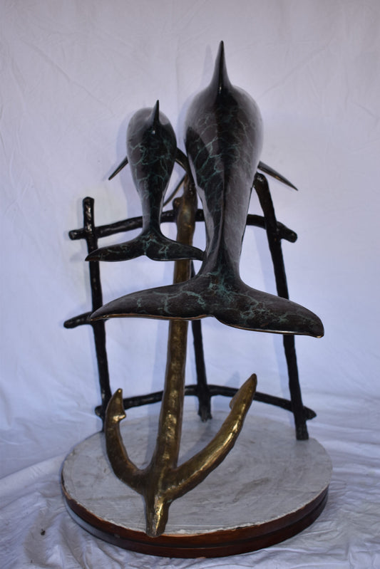 Two Dolphins Swimming Bronze Statue - slight paint damage 46"x 23" x 36"H