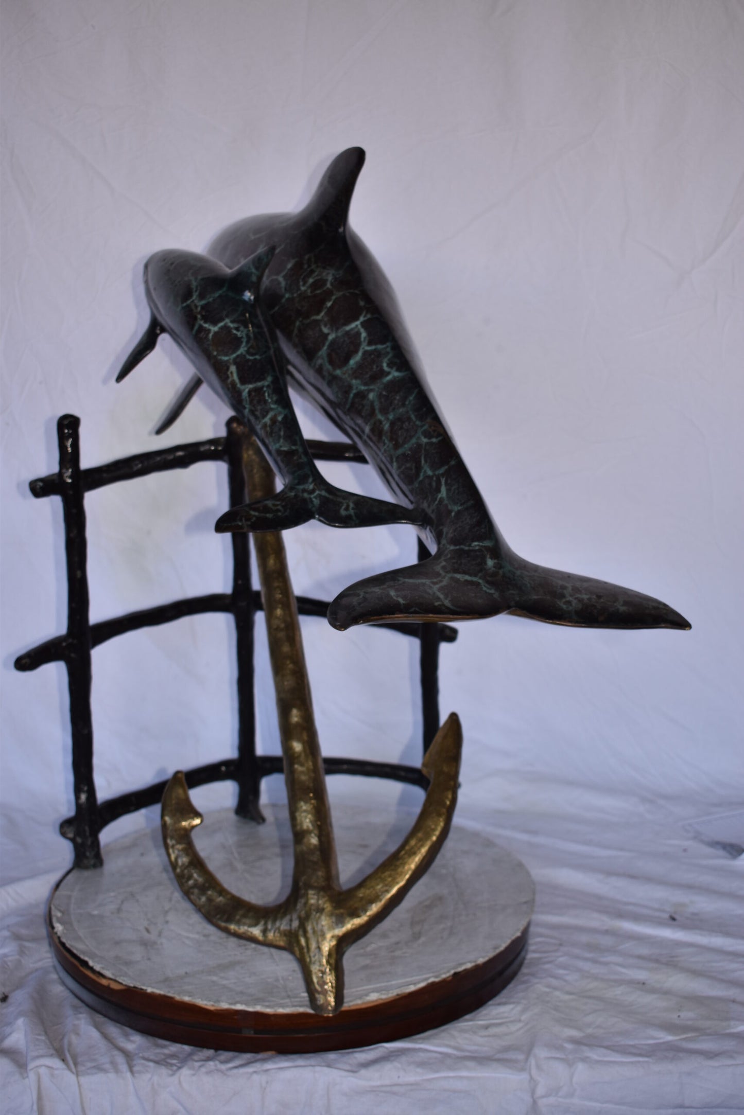 Two Dolphins Swimming Bronze Statue - slight paint damage 46"x 23" x 36"H