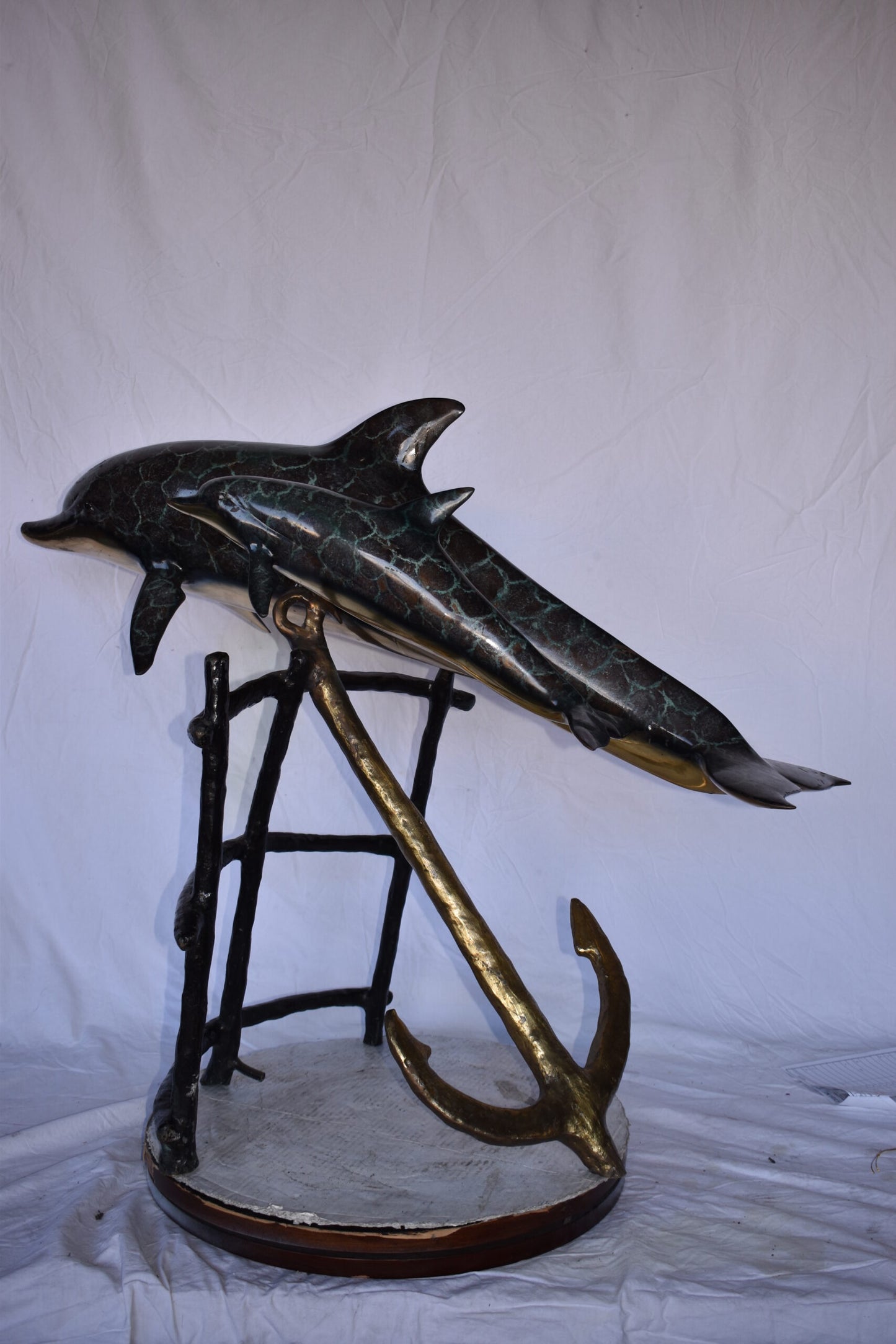 Two Dolphins Swimming Bronze Statue - slight paint damage 46"x 23" x 36"H