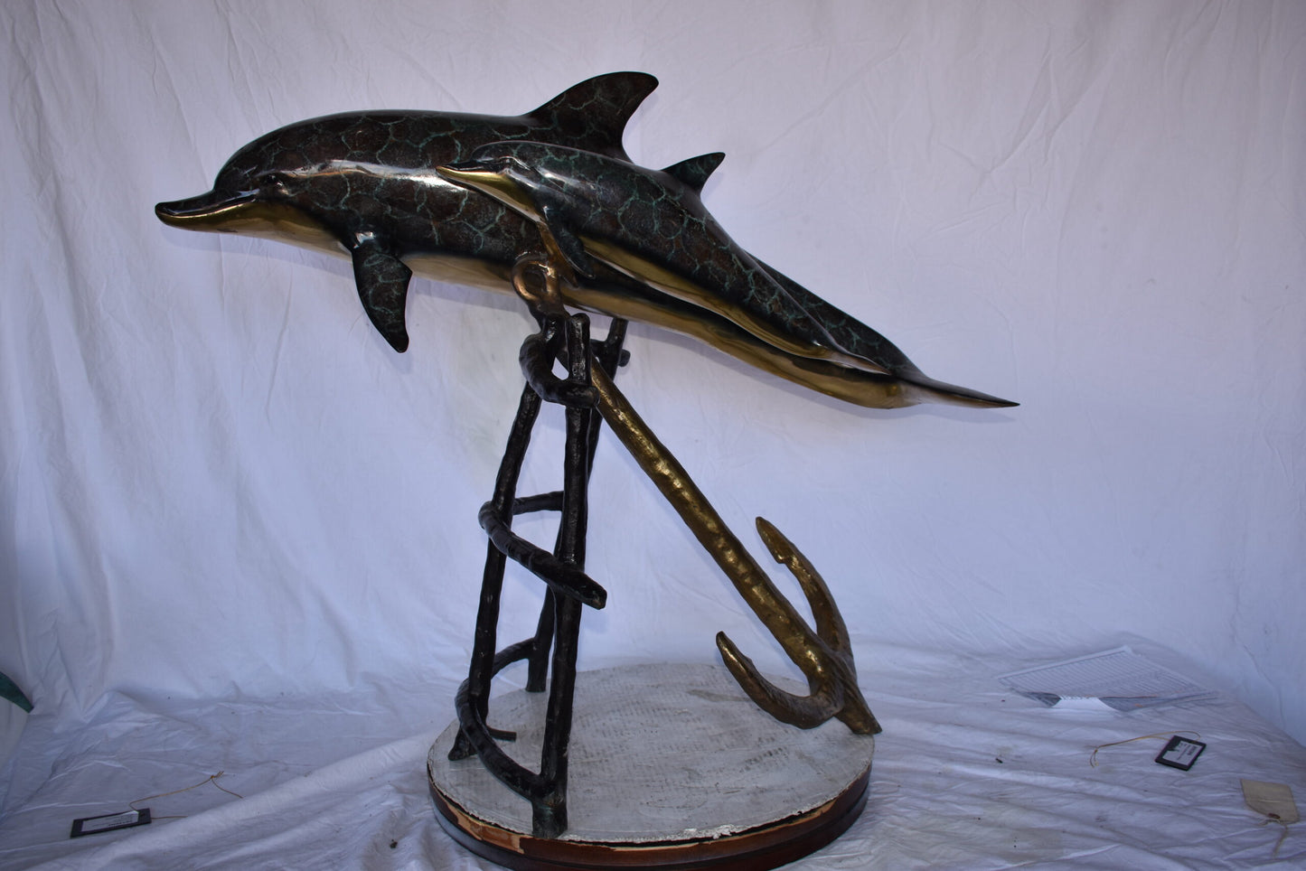 Two Dolphins Swimming Bronze Statue - slight paint damage 46"x 23" x 36"H