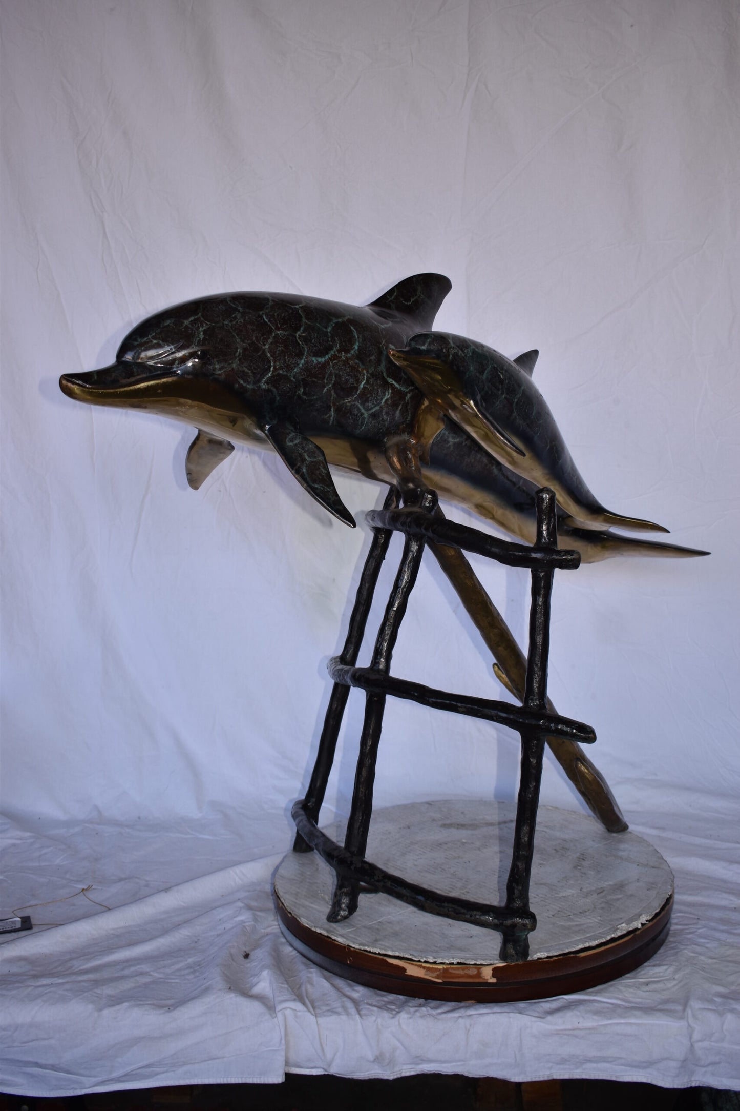 Two Dolphins Swimming Bronze Statue - slight paint damage 46"x 23" x 36"H