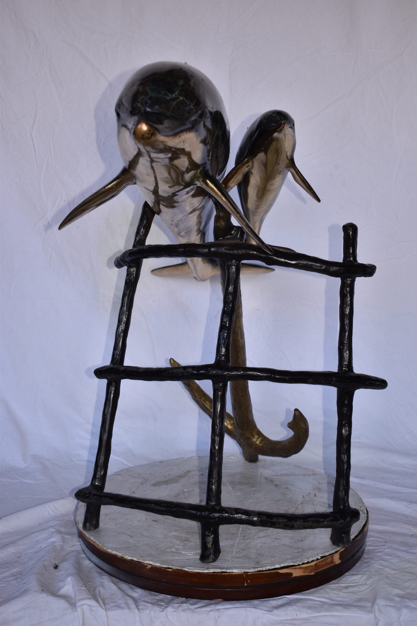 Two Dolphins Swimming Bronze Statue - slight paint damage 46"x 23" x 36"H