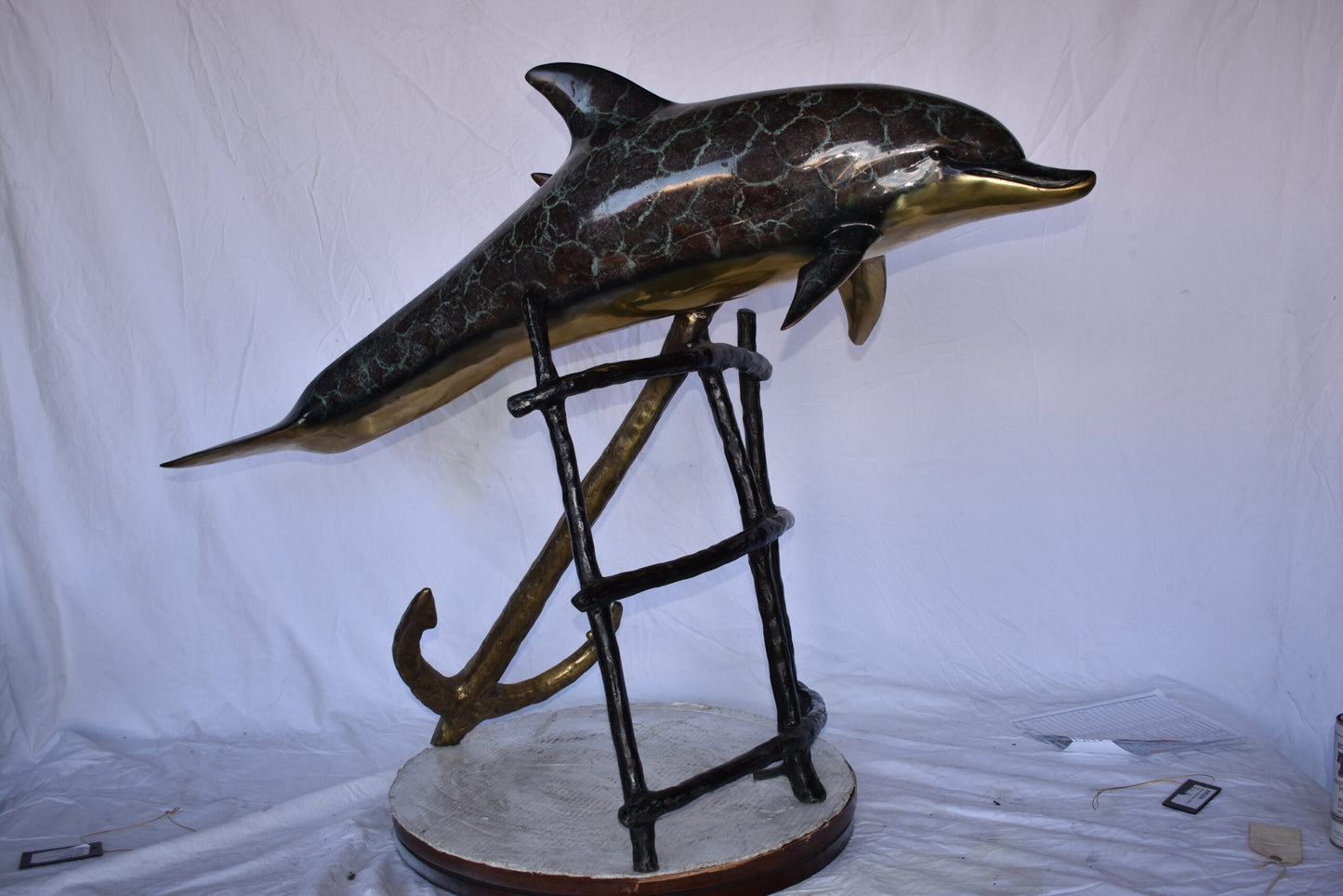 Two Dolphins Swimming Bronze Statue - slight paint damage 46"x 23" x 36"H