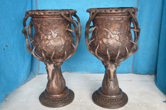Pair of Deer Head Urn Bronze Statue -  Size: 30"L x 30"W x 48"H.
