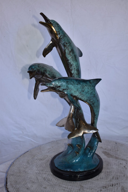 Three Dolphins Jumping of The Ocean Bronze Statue on Marble 12" x 12" x 25"H