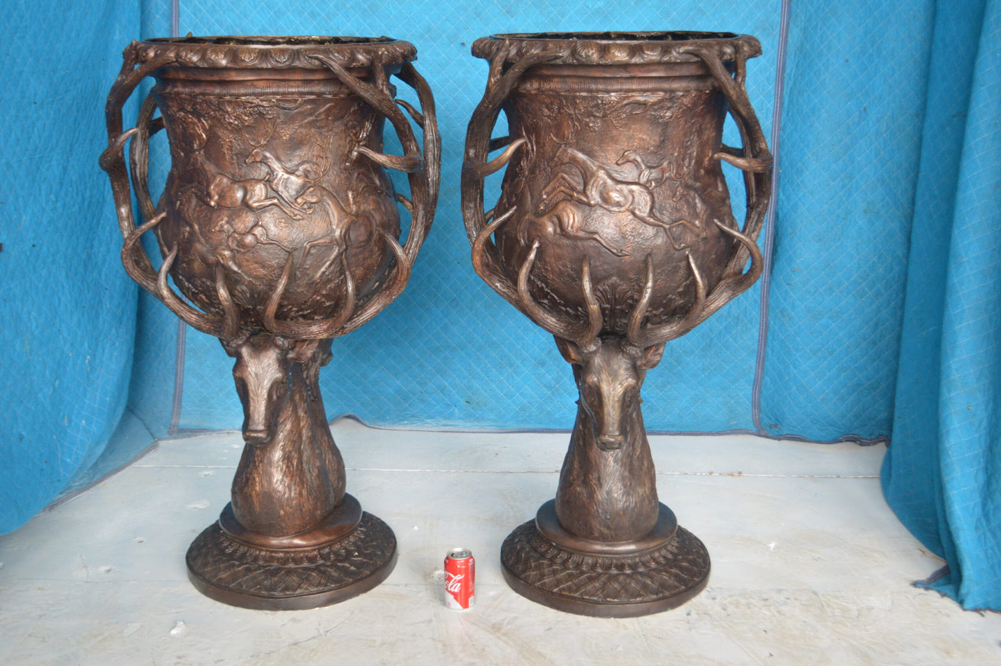 Pair of Deer Head Urn Bronze Statue - Size: 30"L x 30"W x 48"H.
