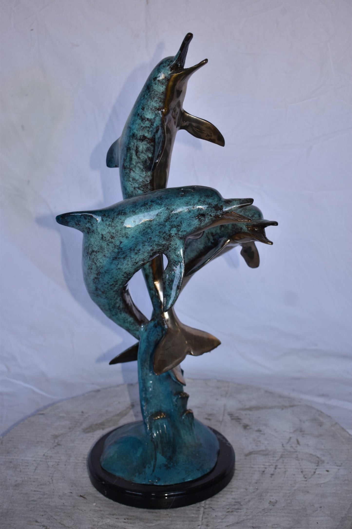 Three Dolphins Jumping of The Ocean Bronze Statue on Marble 12" x 12" x 25"H