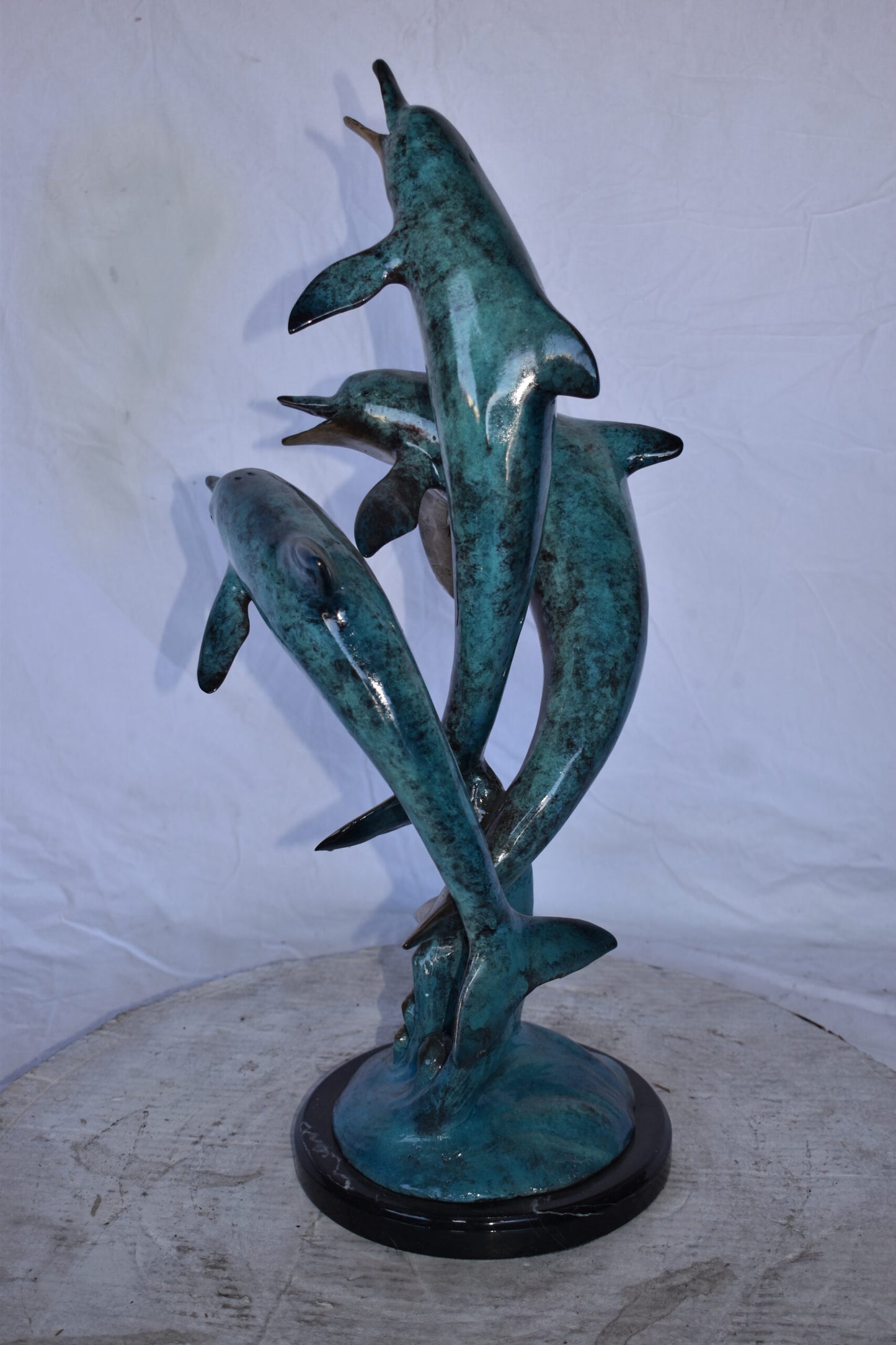 Three Dolphins Jumping of The Ocean Bronze Statue on Marble 12" x 12" x 25"H