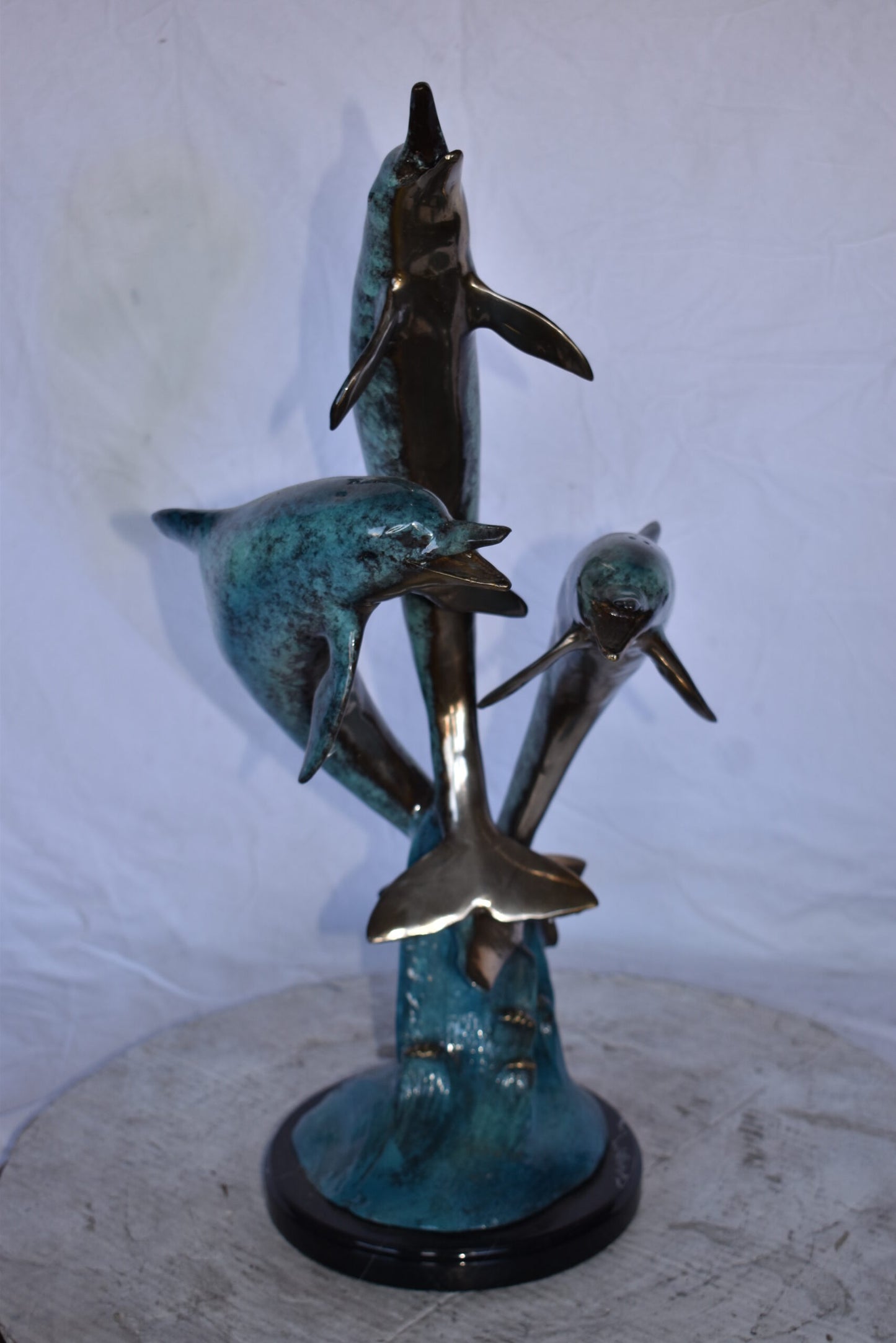 Three Dolphins Jumping of The Ocean Bronze Statue on Marble 12" x 12" x 25"H