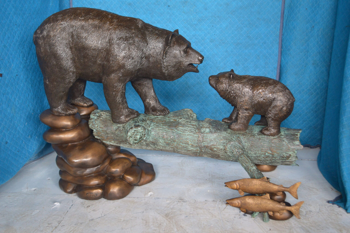 Family Bear on log giant bronze statue - Size: 61"L x 34"W x 45"H.