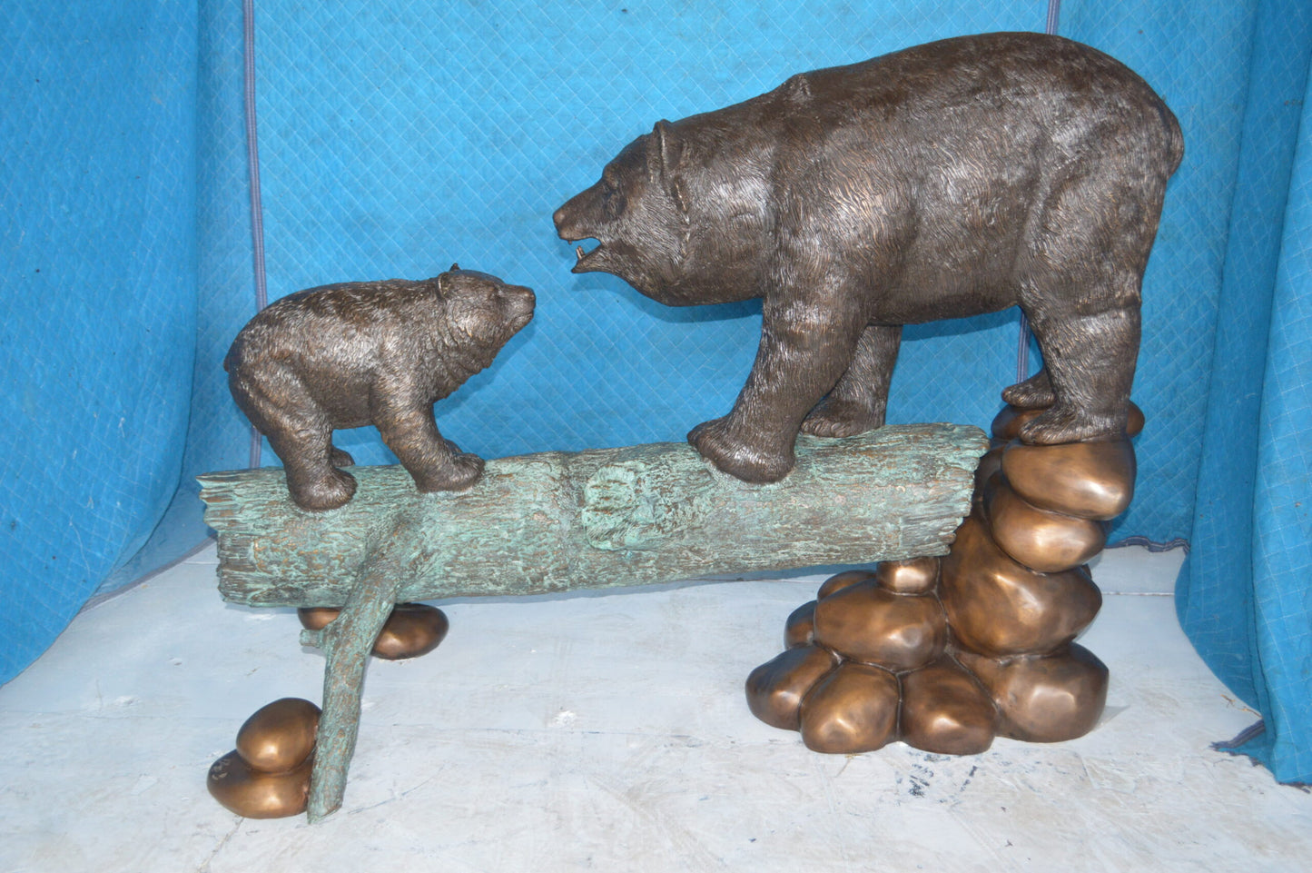 Family Bear on log giant bronze statue -  Size: 61"L x 34"W x 45"H.
