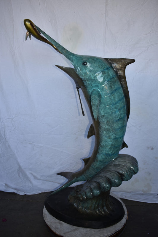 Marlin Fish Catching A Small Fish in Action Bronze Statue Size: 28" x 16" x 50"H
