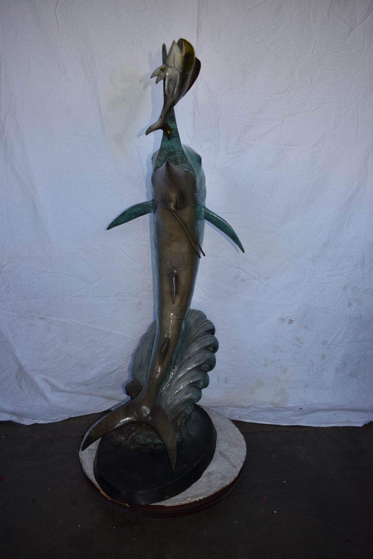 Marlin Fish Catching A Small Fish in Action Bronze Statue Size: 28" x 16" x 50"H