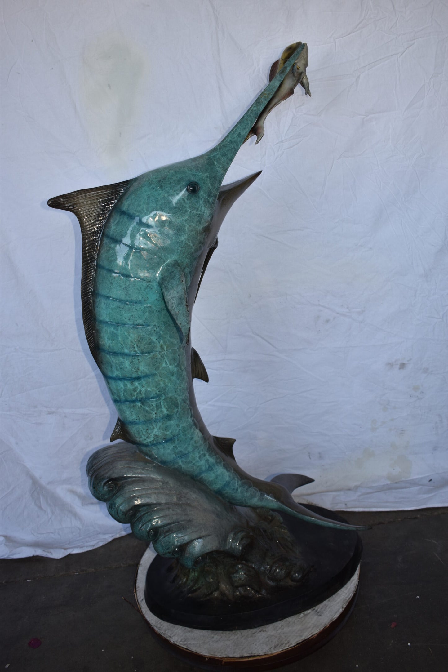 Marlin Fish Catching A Small Fish in Action Bronze Statue Size: 28" x 16" x 50"H