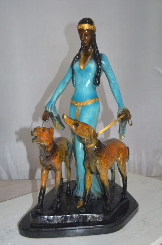 Lady with Her Two Dogs Bronze Statue -  Size: 18"L x 12"W x 23"H.