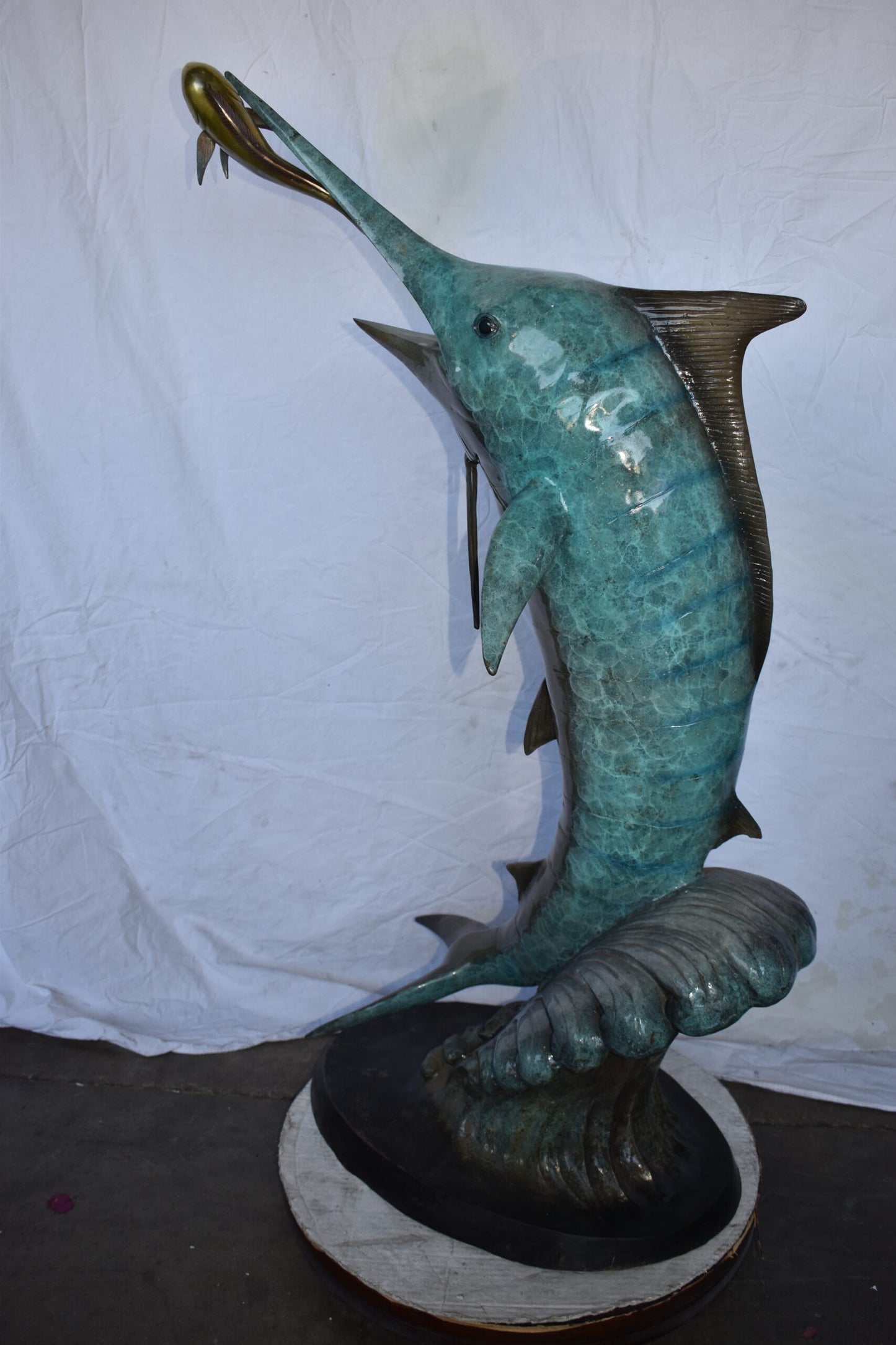 Marlin Fish Catching A Small Fish in Action Bronze Statue Size: 28" x 16" x 50"H