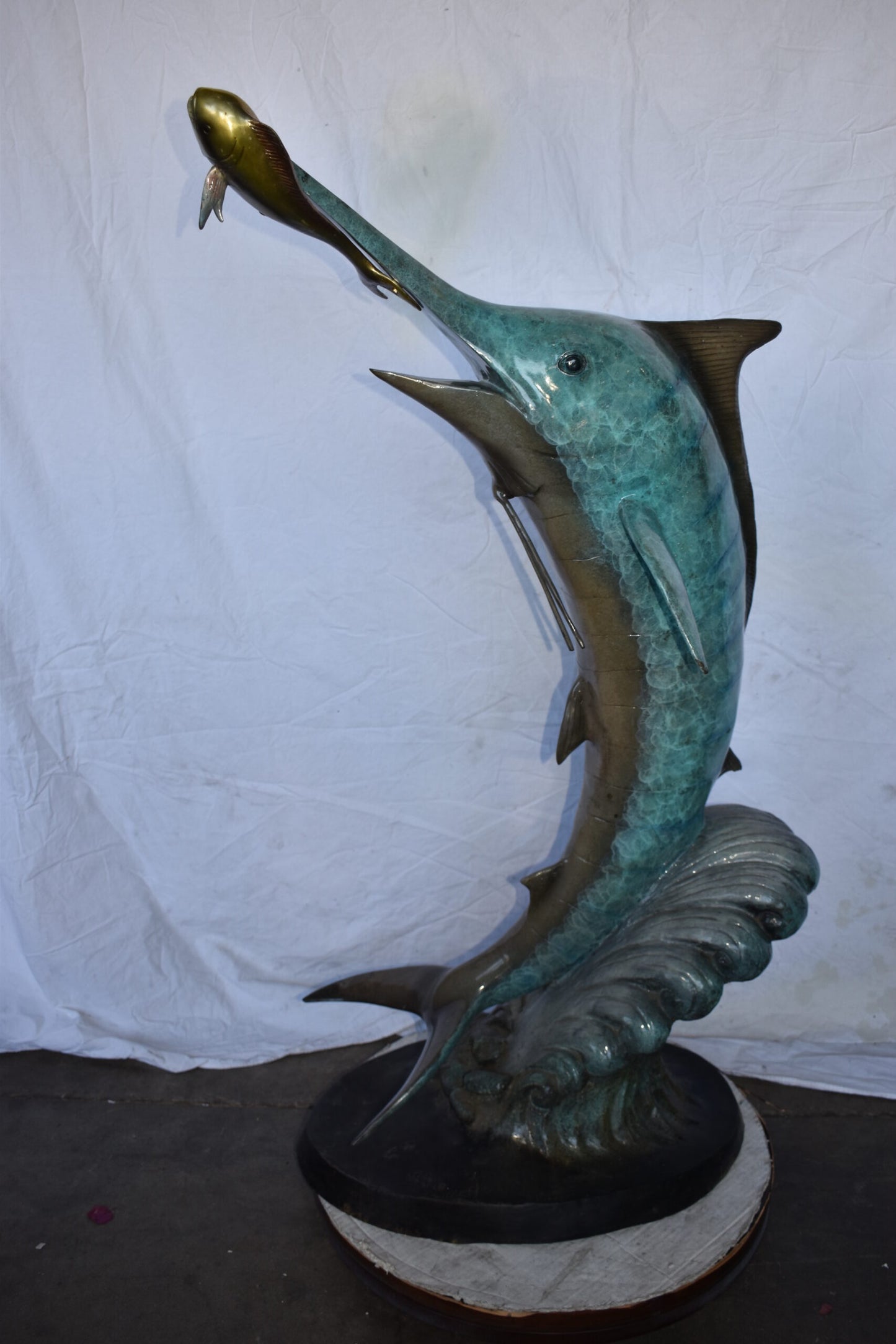 Marlin Fish Catching A Small Fish in Action Bronze Statue Size: 28" x 16" x 50"H