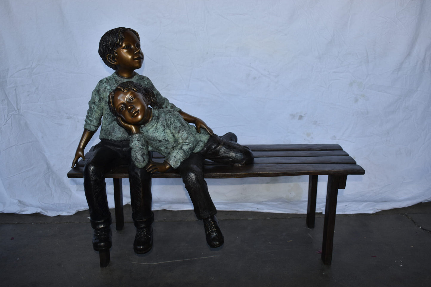 Brother and Sister on A Bench Enjoying Outdoors Bronze Statue  18" x 39" x 33"H
