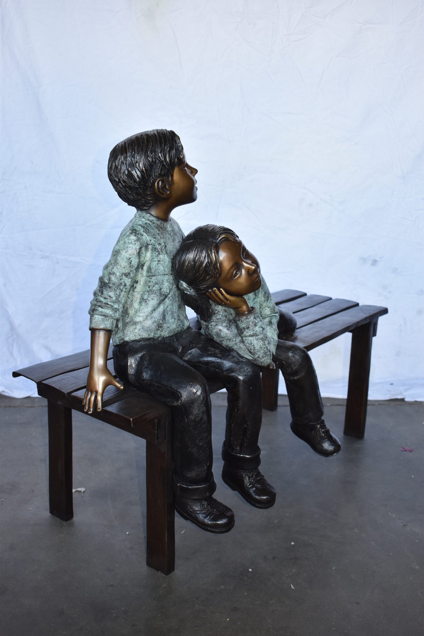 Brother and Sister on A Bench Enjoying Outdoors Bronze Statue  18" x 39" x 33"H