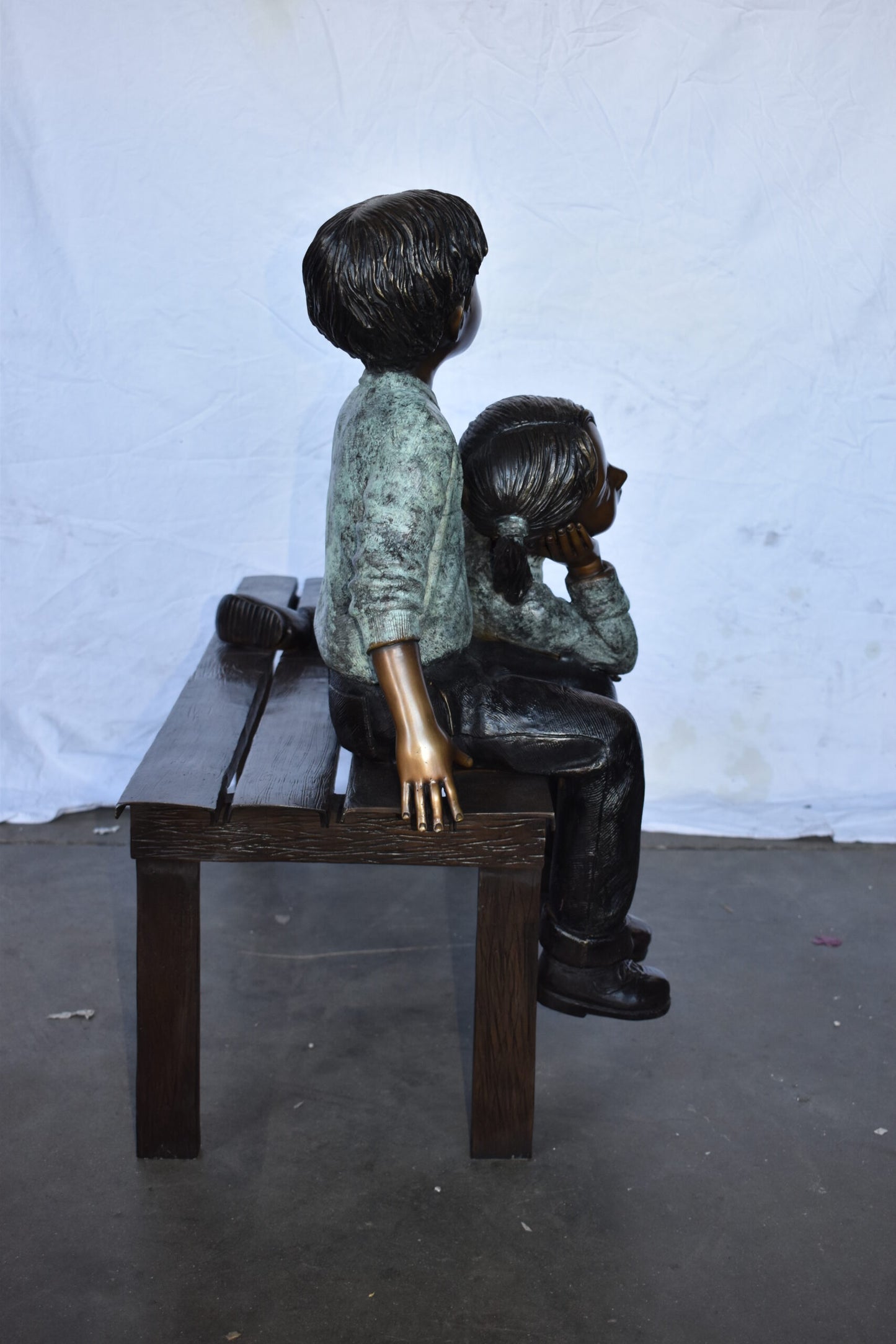 Brother and Sister on A Bench Enjoying Outdoors Bronze Statue  18" x 39" x 33"H