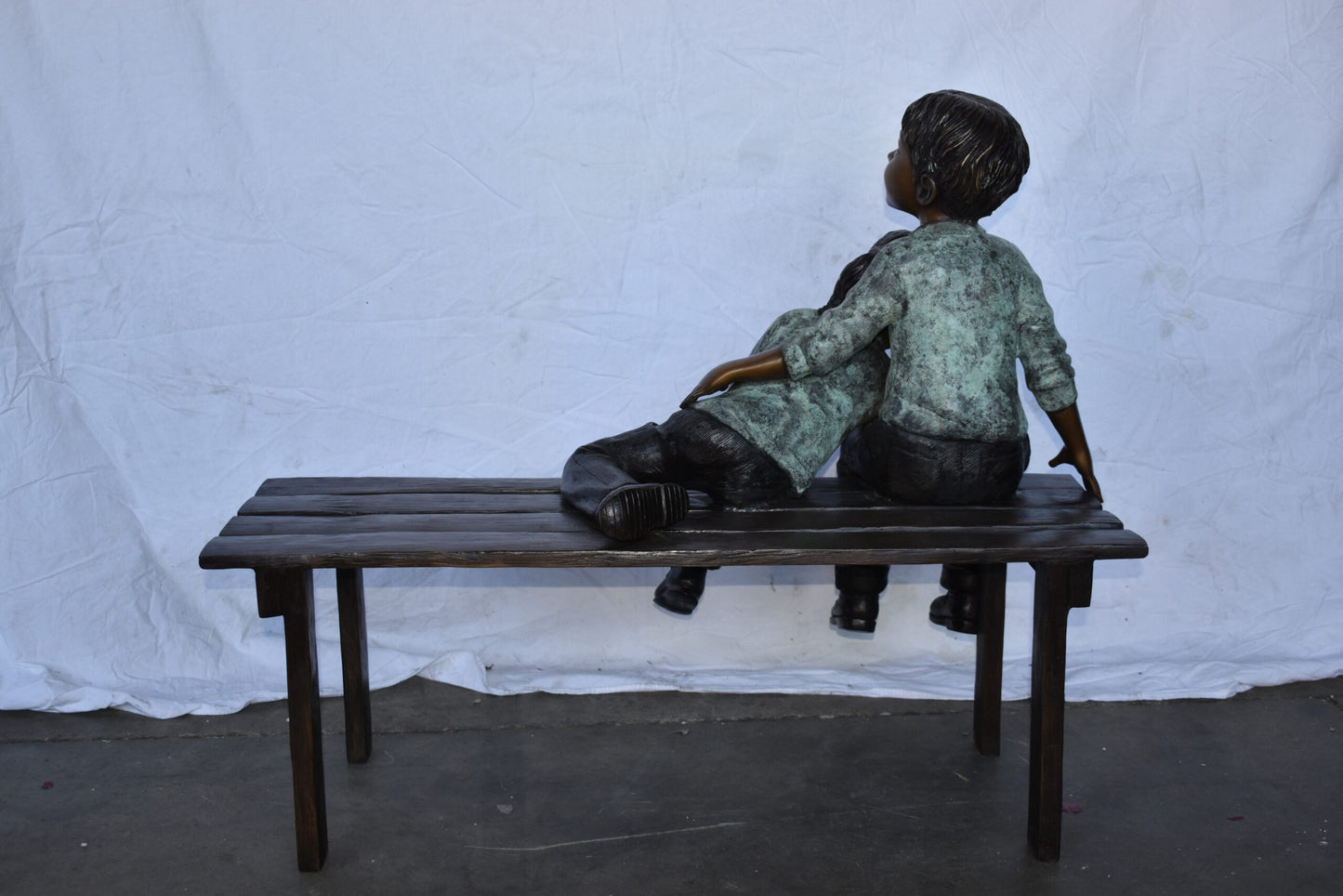 Brother and Sister on A Bench Enjoying Outdoors Bronze Statue  18" x 39" x 33"H