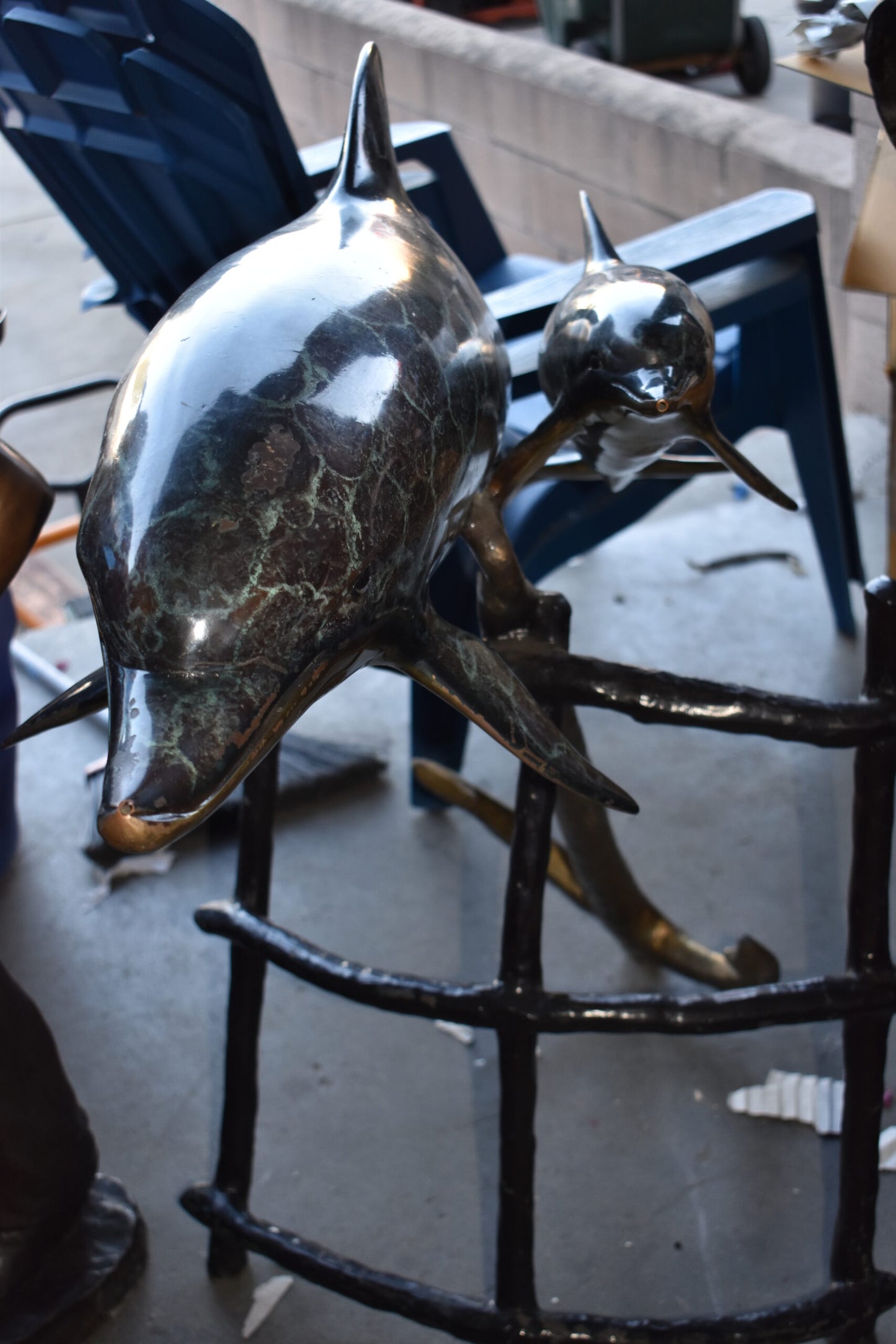 Two Dolphins Swimming Bronze Statue - slight paint damage 46"x 23" x 36"H