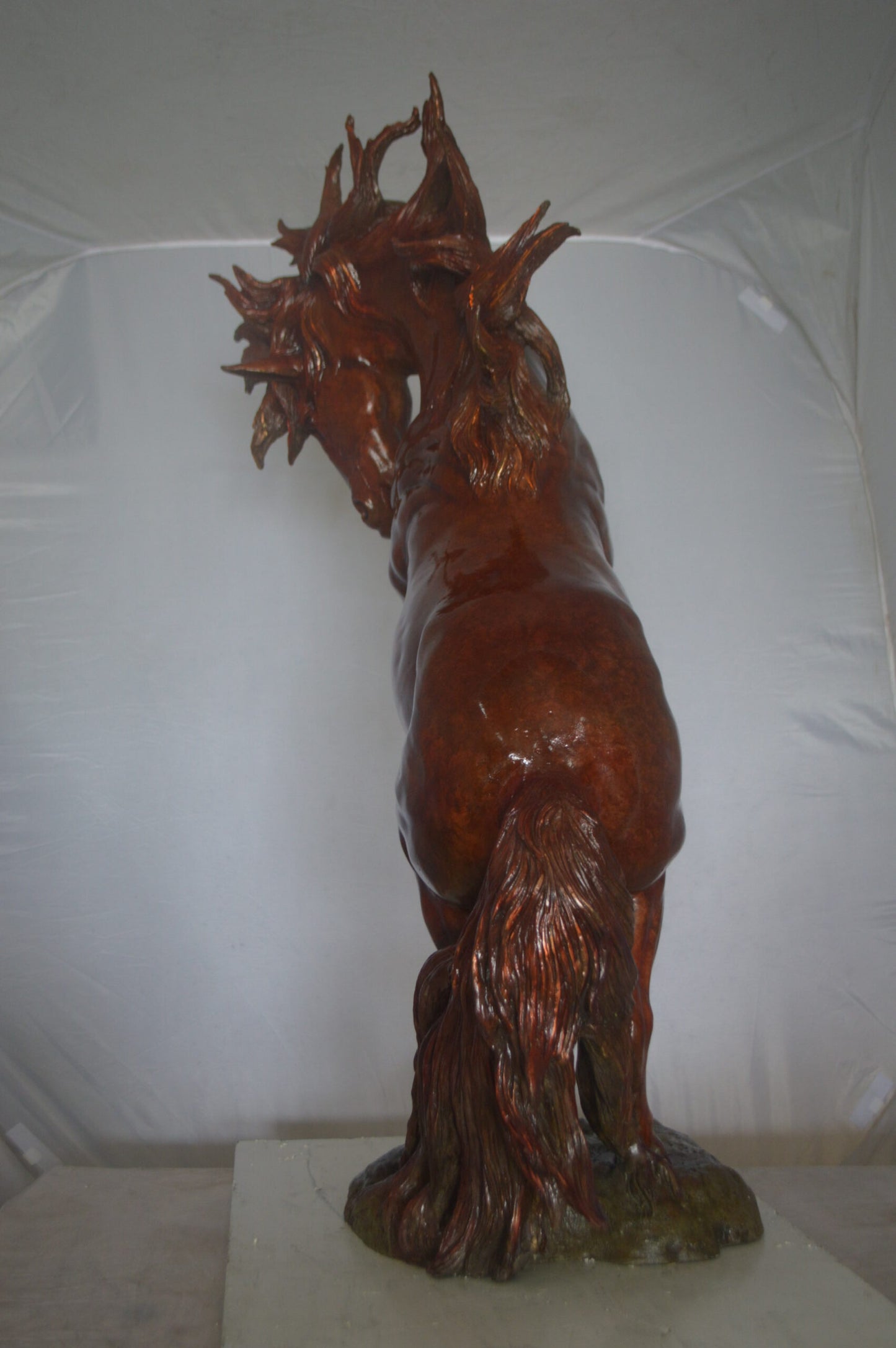 Large Rearing Horse Red Finished Bronze Statue - Size: 34"L x 21"W x 46"H.