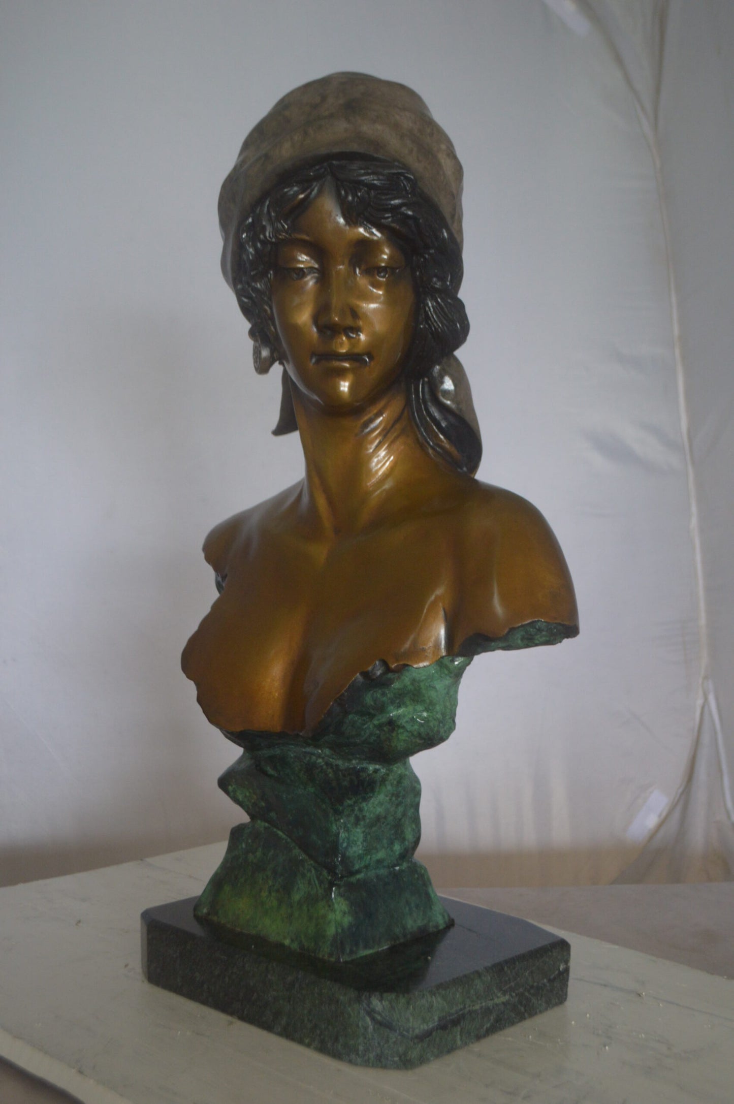 Lady Bust Bronze Statue - Size: 15"L x 9"W x 29"H.