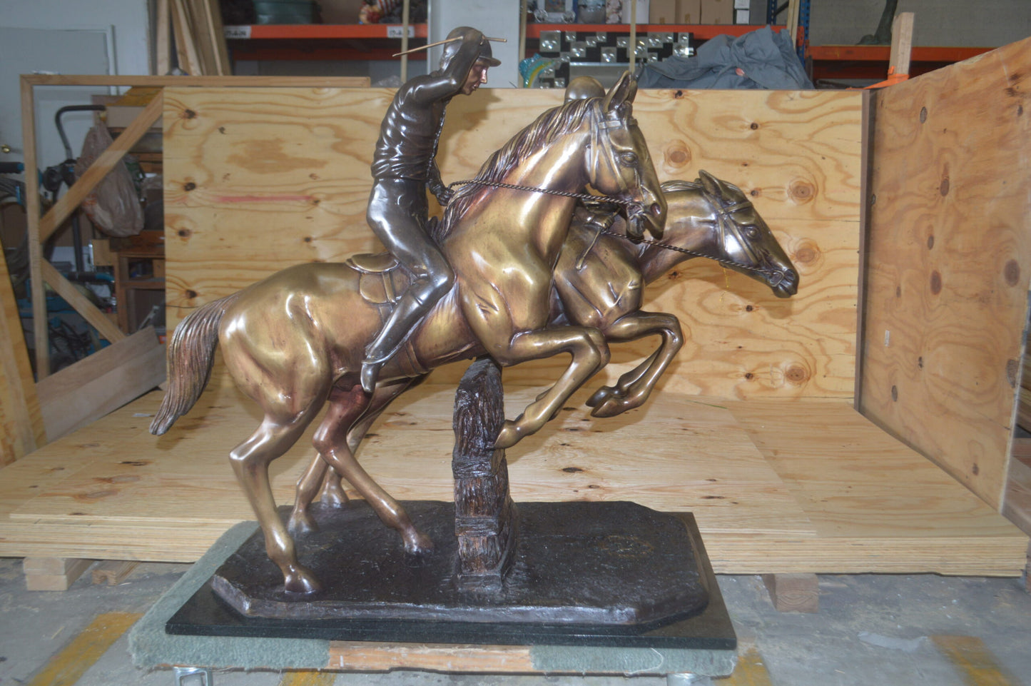 Two Horse Riders Racing Each Other Bronze Statue - Size: 45"L x 21"W x 42"H.