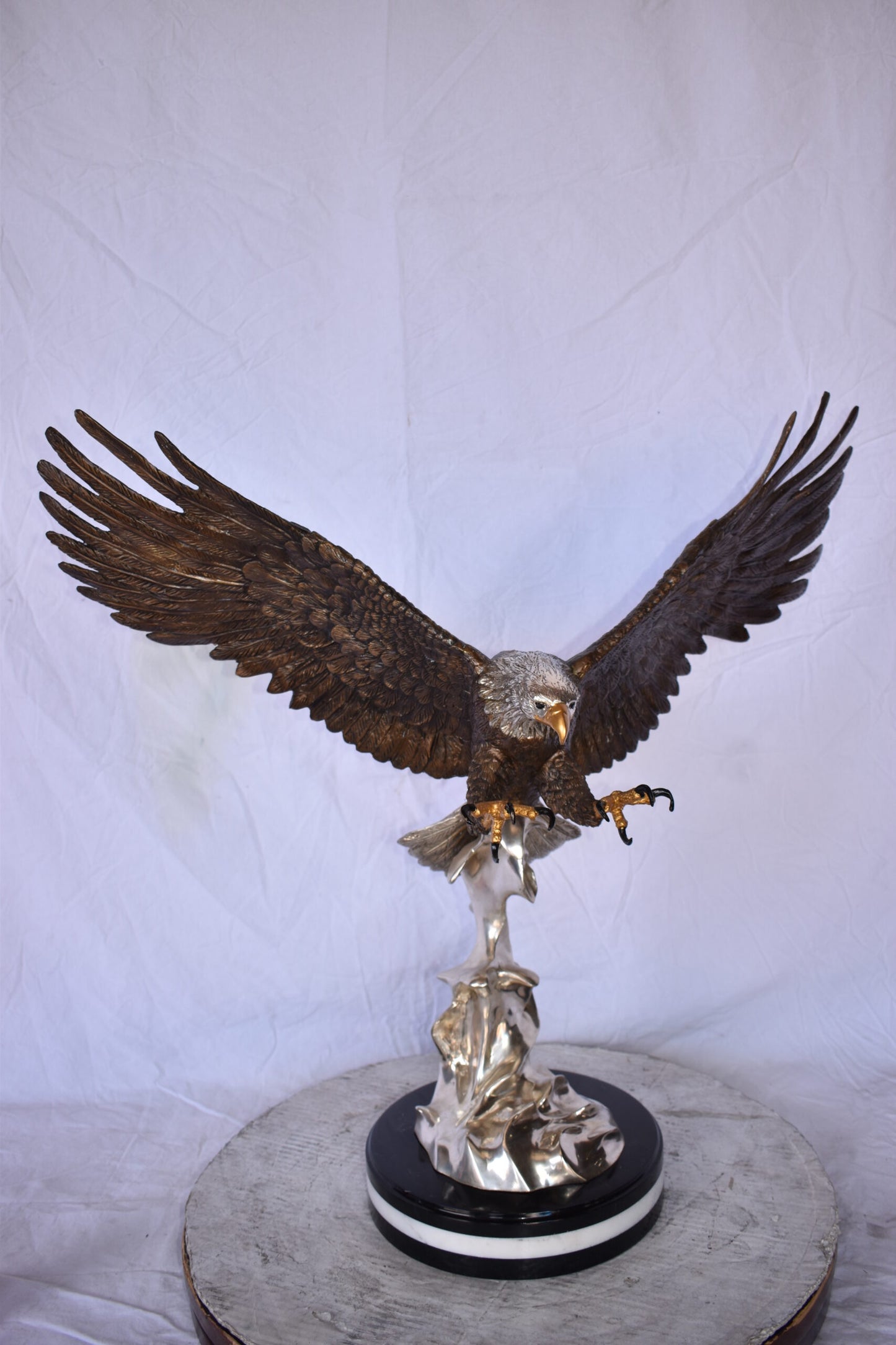 Eagle Coming to Landing Mounted on Marble Bronze Statue Size: 32" x 13" x 30"H