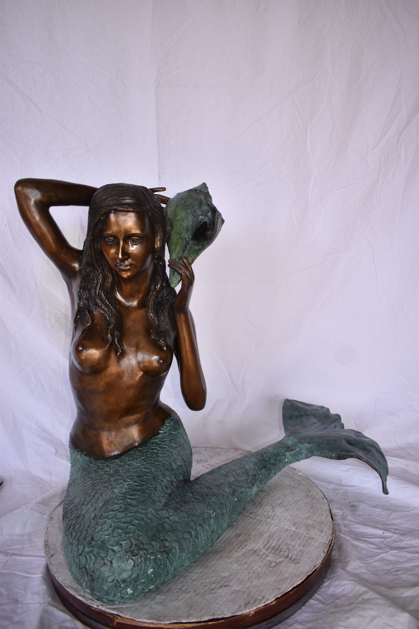 Mermaid Sitting Holding A Shell Bronze Fountain Art Nude 28" x 25" x 28"H