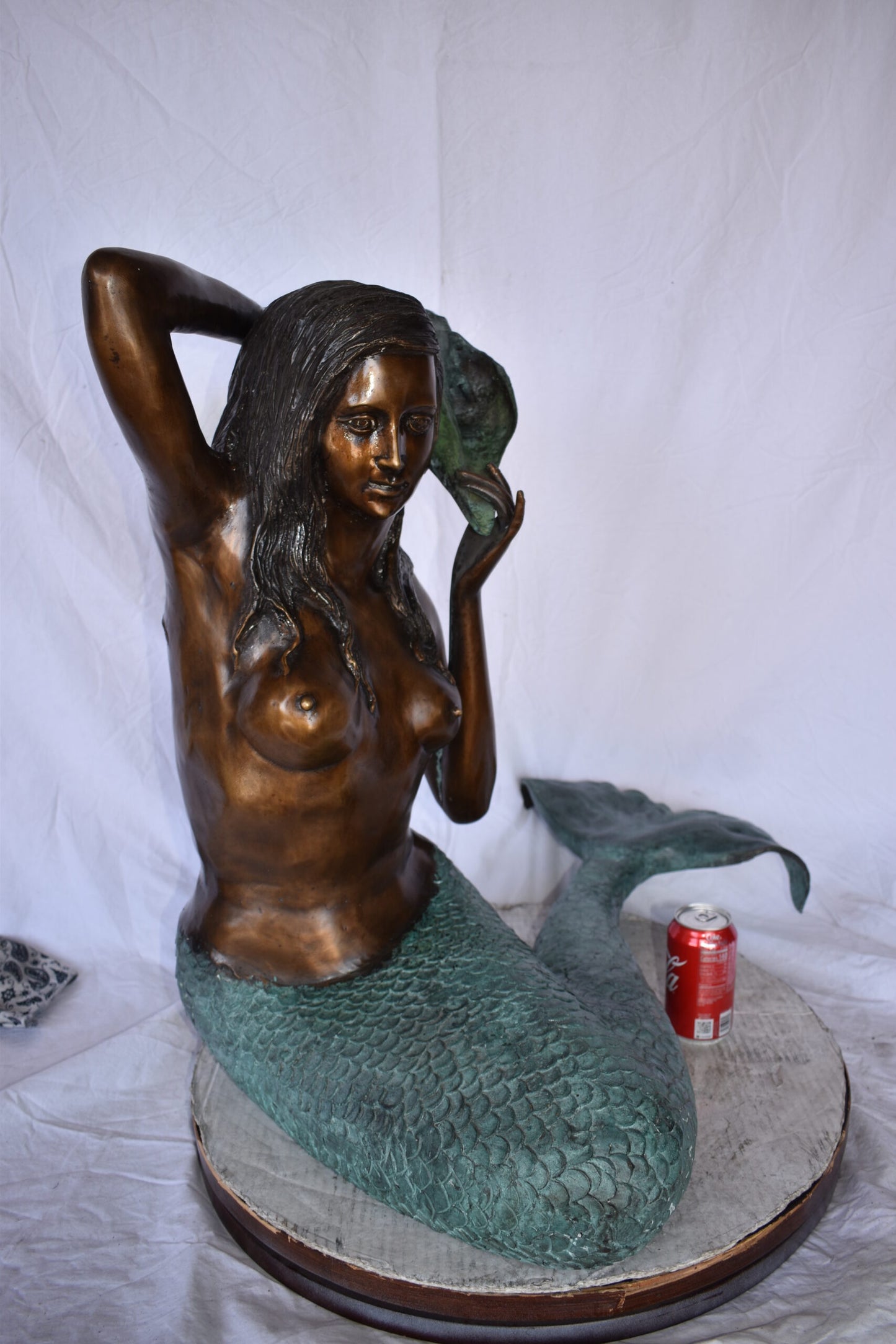 Mermaid Sitting Holding A Shell Bronze Fountain Art Nude 28" x 25" x 28"H