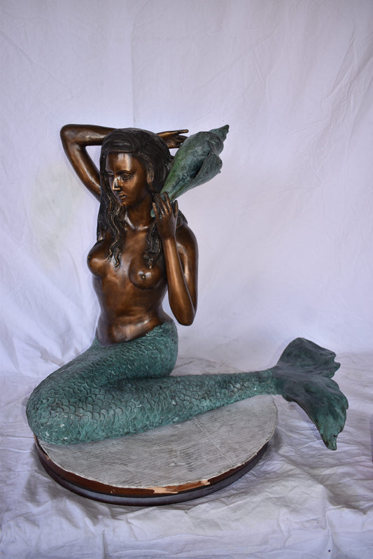 Mermaid Sitting Holding A Shell Bronze Fountain Art Nude 28" x 25" x 28"H