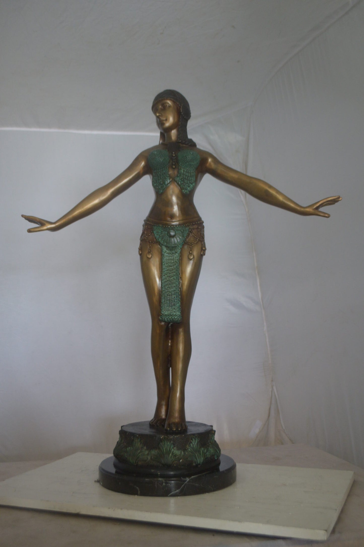 Belly Dancer Performing Bronze Statue - Size: 32"L x 8"W x 41"H.